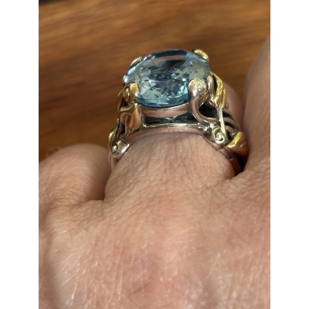 Barbara Bixby 18K Gold & Sterling Silver Blue Topaz Vine Leaf Ring Size 7 - Picture 13 of 15